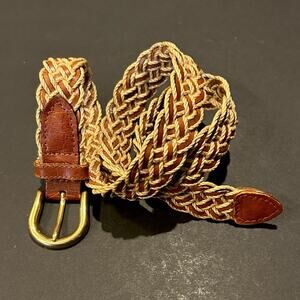 Women’s Braided Leather and Cord Belt, Tan and Brown, Solid Brass Buckle, Size S